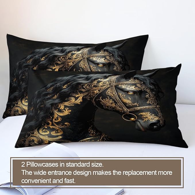 Black Horse Duvet Cover Twin Size, Ancient Warhorses Bedding Set 2 Piece Kids and Adults Retro Golden Pattern Comforter Cover and 1 Pillow Sham with Zipper Closure