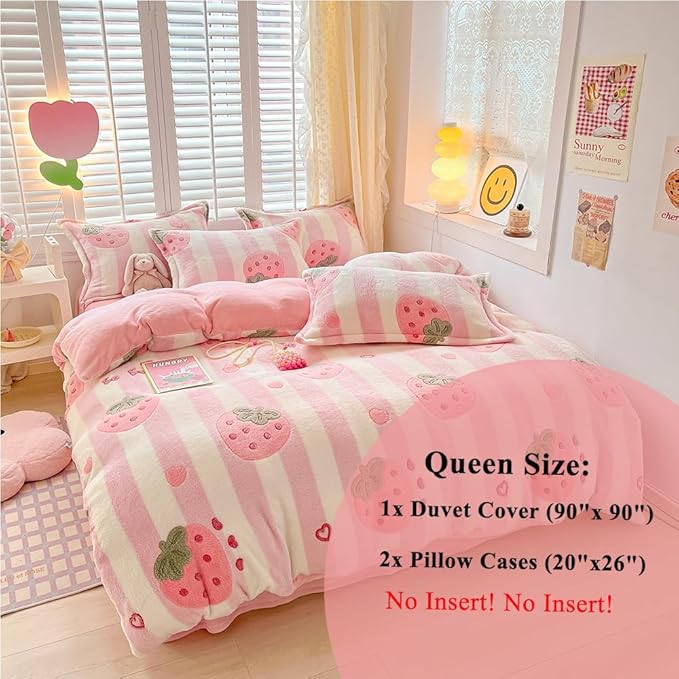 Pink Strawberry Kids Duvet Cover Set Queen Cute Kawaii Bedding Set Snowflake Fluffy Comforter Cover Blanket Soft Reversible Duvet Cover Room Decor (Strawberry,Queen)