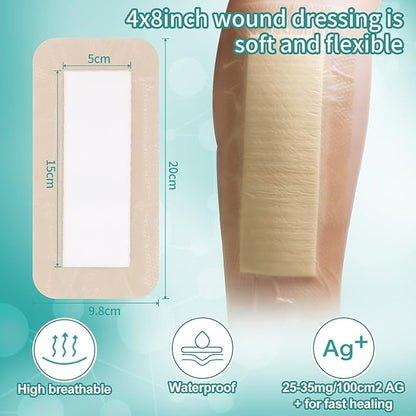 Dimora Silicone Foam Dressing Silver Ag 4"x 8" Adhesive Absorbent First Aid Bandage for Wound Care Pads 5 Packs