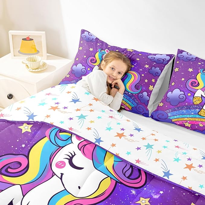Feelyou Unicorn Bedding King Bed Sets for Girls Purple Cute Unicorn Comforter for Girls Comforter Set Star Print Kawaii Duvet Quilt Bedroom Decor Rainbow Bedding Cartoon Quilt,All Season