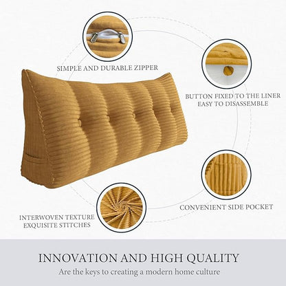 Wedge Headboard Pillow Dorm Room Reading Pillow Back Support for Sitting Up in Bed Bolster Lumbar Cushion Body Positioning Bedrest Corduroy (Khaki, King (76 * 8 * 20in))