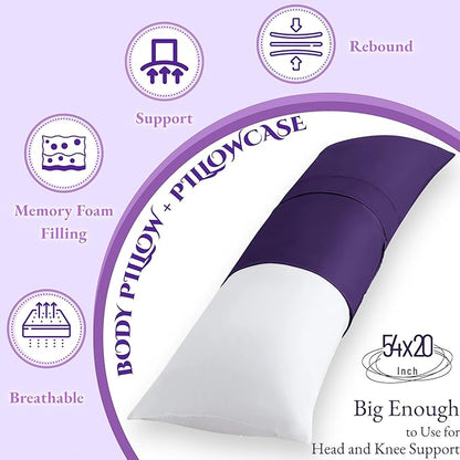 Ubauba Memory Foam Body Pillow with Cover, Full Large Body Pillows Insert for Adults with Envelope Closure Pillowcase, Firm & Fluffy Long Bed Pillows for Sleeping (20x54 inch, Purple)
