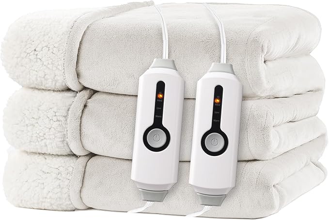 Electric Heated Blanket King Size 90"x100" - Dual-Sided with Microplush & Sherpa Fabric, 4 Heat Settings & 10 Hours Auto Off, Dual Controller, Machine Washable - White