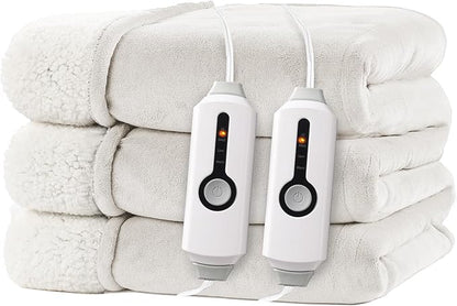 Electric Heated Blanket Queen Size 84"x90" - Dual-Sided with Microplush & Sherpa Fabric, 4 Heat Settings & 10 Hours Auto Off, Dual Controller, Machine Washable - White