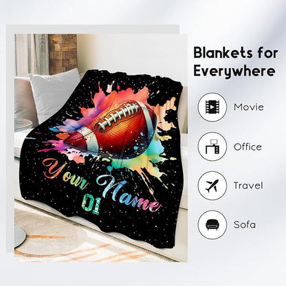Personalized Football Blanket, Custom Football Gifts for Boys Men Adults, Flannel Throw Blankets for Team Player, Sport Theme Throws Boys Room Decor for Couch Bed (Colorful, 50x60 Inch)