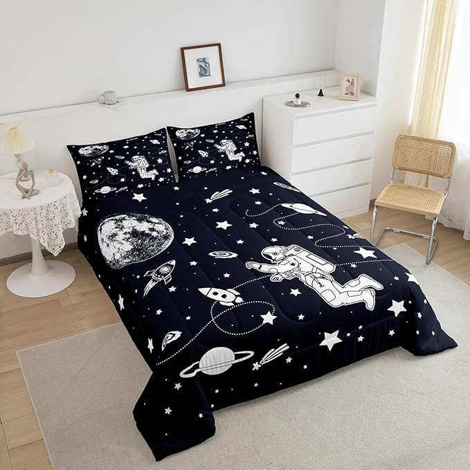 Feelyou Solar System Comforter Set King Size Outer Space Comforter for Kids Teens Adults Universe Planets Bedding Set Cute Astronaut Blue White Duvet Set Room Decor 3Pcs with 2 Pillow Case