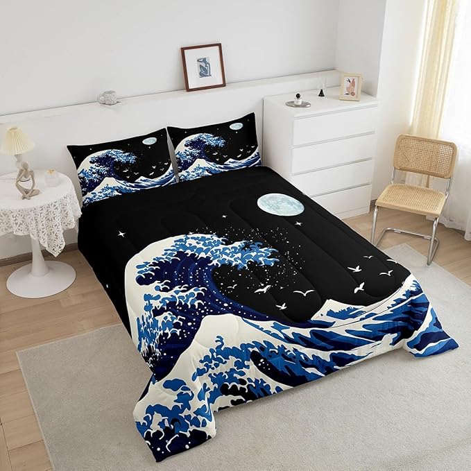 Feelyou Japanese Wave Comforter Set Full Size Japanese Style Comforter for Boys Girls Teens Ocean Wave Bedding Set Sea Waves Duvet Set Room Decor Blue Black Quilt Set