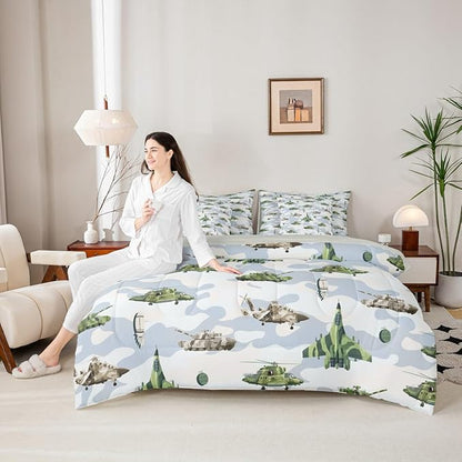 Feelyou Army Military 7 Piece Bedding Set Camouflage Print Comforter Set with Sheets for Kids Boys Girls Tank Aircraft Bed in a Bag Army Green Bed Set Soft Lightweight