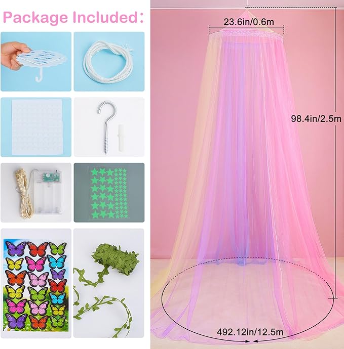 FIOBEE Bed Canopy for Girls Room Bed Canopy Curtains with Led Lights Mosquito Net DIY Princess Room Décor with Stars Butterflies for Kids Bedroom, Rainbow