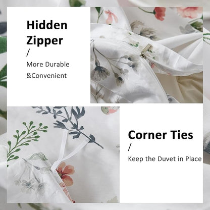 Floral Queen Duvet Cover, 100% Cotton 3 Pieces Floral Bedding Sets with Zipper Closure Vintage Style Garden Comforter Cover, Soft Breathable, Lightweight