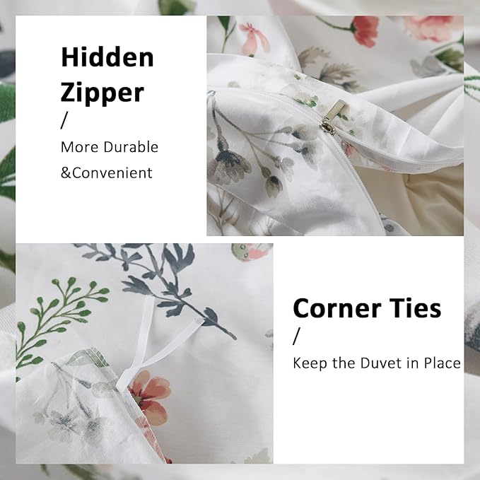 Floral King Duvet Cover, 100% Cotton 3 Pieces Floral Bedding Sets with Zipper Closure Vintage Style Garden Comforter Cover, Soft Breathable, Lightweight