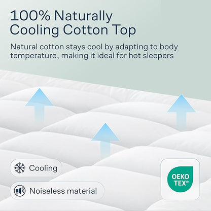Cloud-Like Queen Mattress Topper - 100% Cotton Top Mattress Pad for Back Pain Relief - Breathable & Naturally Cooling for Hot Sleepers, White