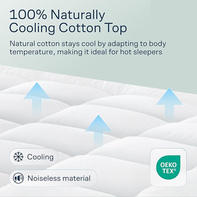 Cloud-Like Twin Mattress Topper - 100% Cotton Top Mattress Pad for Back Pain Relief - Breathable & Naturally Cooling for Hot Sleepers, White