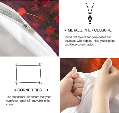 Red Fox Duvet Cover Twin Beautiful Wild Fox Bedding Set 2 Piece for Kids Bedroom Fantasy Decorative Comforter Cover with Zipper Ties & 1 Pillowcases