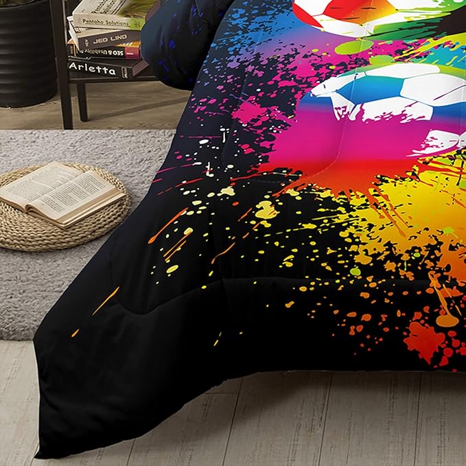 Bodhi Boys Sports Comforter Set - Queen Size, Rainbow Graffiti Football Theme for Kids & Teens, Matching Pillowcases Included