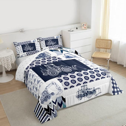 Feelyou Kids Construction Comforter Set Twin Equipment Trucks Bedding Set for Boys Cartoon Car Excavator Tractor Comforter Construction Vehicles Plaid Grid Blue and White Duvet Set with 1 Pillow Case