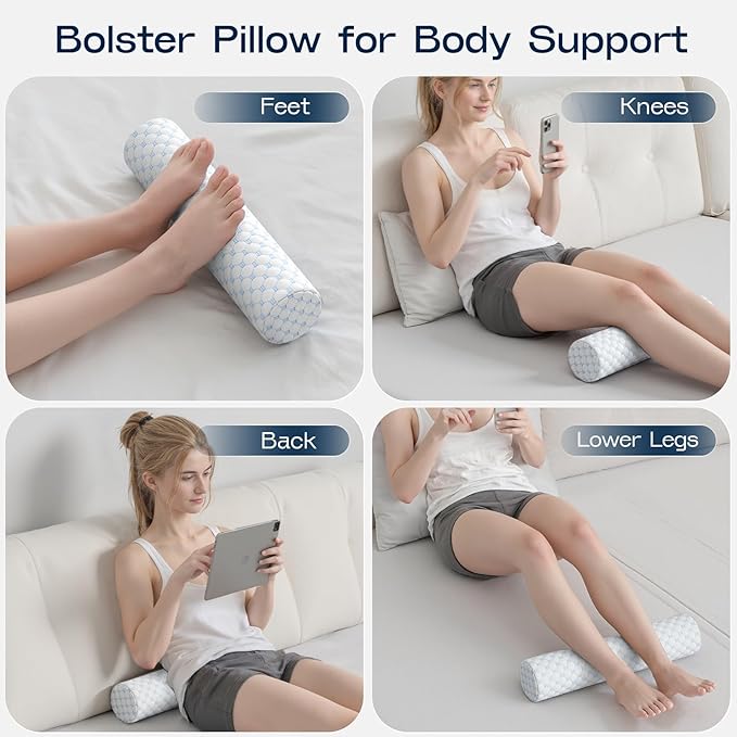 Neck Roll Pillow, Memory Foam Neck Support Pillows, Round Neck Pillows, Cylinder Bolster Pillows for Bed, Couch, and Yoga, Removable Washable Cover,18 * 4.1 * 4.1inch (Cool-Blue)