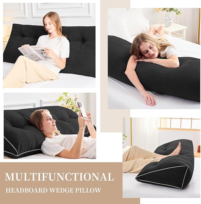 Sasttie Headboard Pillow Queen, Wedge Pillow Headboard for Sitting Up in Bed, Back-Rest Support Triangular Cushion for Reading - Features Removable Washable Cover, Black