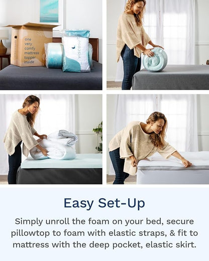 ViscoSoft 3 Inch Pillow Top Memory Foam Mattress Topper Queen - Cooling Hybrid Lux Dual Layer Mattress Pad - CertiPur-US Certified