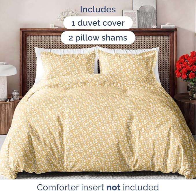 Duvet Cover Full Size Set - Extra Soft Floral Duvet Cover 80 x 90 with 2 Pillow Shams - Comfy, Cozy, Breathable Floral Bedding Set - Hotel Luxury & Fade Free w/ Zipper Closures & Ties - Yellow Meadow