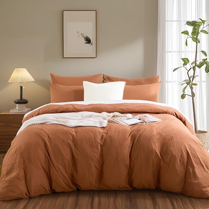 NEXHOME PRO Duvet Cover Set 100% Washed Cotton Super King 108"x98", Organic Natural Linen Look Textured 3 Pieces Bedding Set Terracotta Burnt Orange with Zipper Closure, Soft (No Comforter)