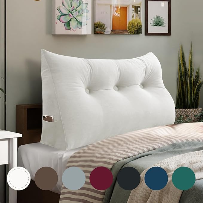 WOWMAX 100% Cotton Velvet Headboard Pillow – Twin Size Wedge Back Support Reading Bolster for Bed & Daybed, Handmade Firm Support Cushion with Removable Cover, Soft Luxury Bed Rest Pillow, White