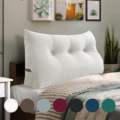 WOWMAX 100% Cotton Velvet Headboard Pillow – Twin Size Wedge Back Support Reading Bolster for Bed & Daybed, Handmade Firm Support Cushion with Removable Cover, Soft Luxury Bed Rest Pillow, White