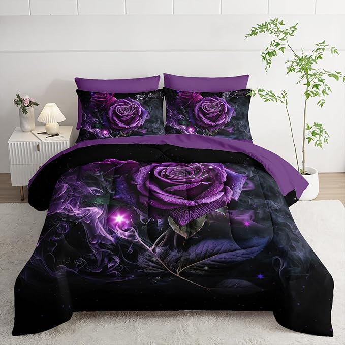 Rose Comforter Set 7 Piece King Size Bed in A Bag,Flowers Bedding for Room Decor,Soft Rose Bedding with Fitted Sheet,Flat Sheet, Pillowcases & Shams
