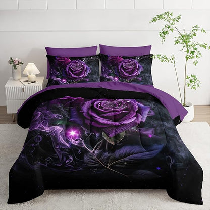 Rose Comforter Set 7 Piece King Size Bed in A Bag,Flowers Bedding for Room Decor,Soft Rose Bedding with Fitted Sheet,Flat Sheet, Pillowcases & Shams