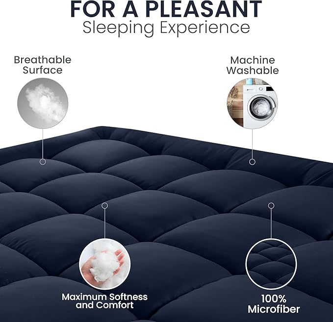 Utopia Bedding Full Mattress Pad, Quilted Fitted Premium Mattress Protector, Deep Pocket Cover Stretches up to 16 Inches, Fluffy Pillow Topper (54x75 Inches, Navy)