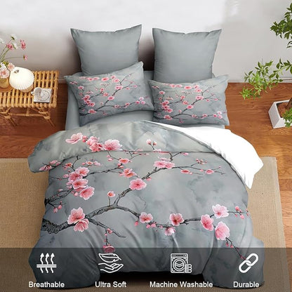 Grey Pink Cherry Blossom Duvet Cover Twin Size Japanese Cherry Blossoms Duvet Cover Set Vintage Floral Bedding Set Soft Microfiber Comforter Cover(1 Pillowcase, No Comforter)