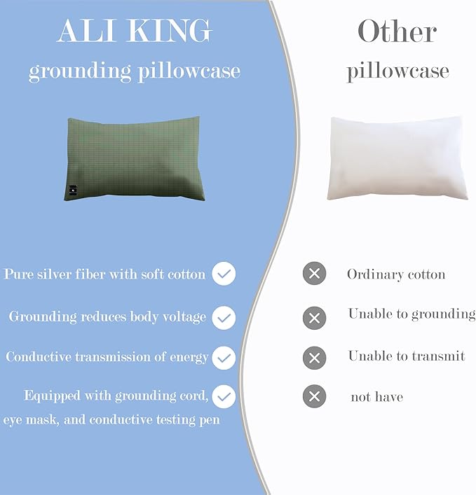 Ali King Grounding Pillowcase, 5% Conductive Silver + 95% Soft Cotton Queen Size Earth Grounding Pillow Cases with Grounding Cord for Improve Sleep (Green, Queen (20x30inches))