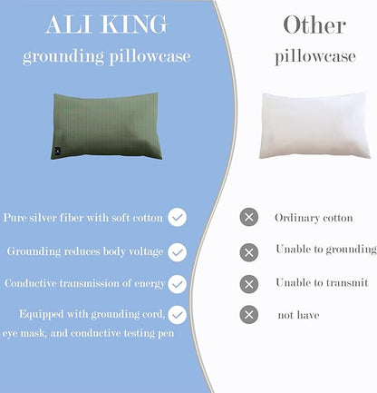 Ali King Grounding Pillowcase, 5% Conductive Silver + 95% Soft Cotton Queen Size Earth Grounding Pillow Cases with Grounding Cord for Improve Sleep (Green, Queen (20x30inches))