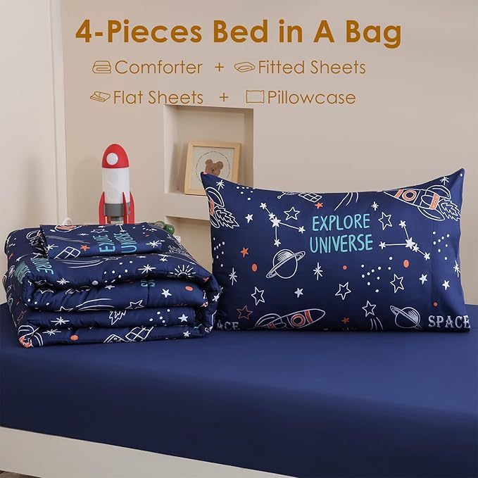 Twin Comforter Set for Kids, Boys, Girls, 4 Pieces Bed-in-a-Bag Bedding Set, All Season Ultra Soft Sheets Set with Comforter, Space Rocket