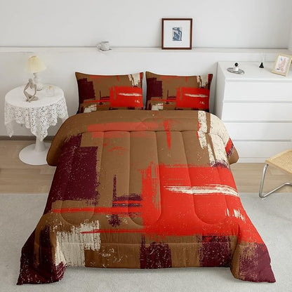 Feelyou Abstract Bedding Set Comforter Set for Kids Boys Girls Teens Room Decor Modern Abstract Art Comforter Brown Orange Duvet Set 3Pcs Queen Size