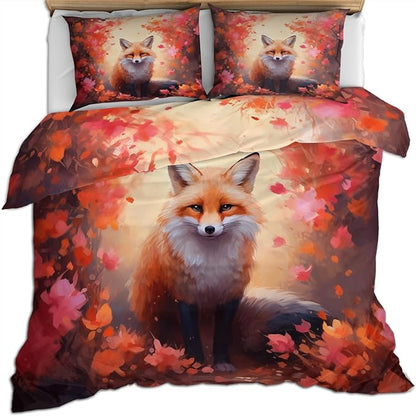 Fox Print Duvet Cover California King, Maple Jungle Red Fox Bedding Set Bedroom Decor Vintage Animal Floral Comforter Cover and 2 Pillow Sham with Zipper Closure