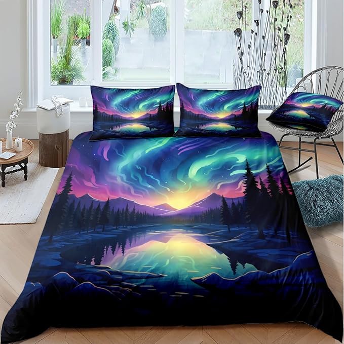Aurora Duvet Cover Set Twin Colorful Aurora Printed Astronomical Nature Landscape Soft Bedding Comforter Cover and 2 Pillow Shams for Boys Girls Kids Teens