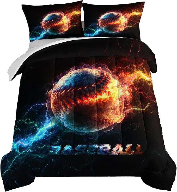 HOSIMA Baseball Comforter for Boys Girls Teens,Flame Lightning Twin Bed in a Bag Sports Themed Bedroom Decor,Dorm Room Essentials for College Students Boys Soft Microfiber Black Comforter.