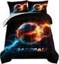HOSIMA Baseball Comforter for Boys Girls Teens,Flame Lightning Full Size Bed in a Bag Sports Themed Bedroom Decor,Dorm Room Essentials for College Students Boys Soft Microfiber Black Comforter.