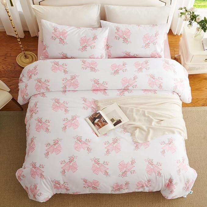 Pink Bow Duvet Cover King 3Pcs Pink Floral Bedding Set for Girls Kids,Cute Princess Style Bowknot Bedding,Ultra Soft Garden Flower Bedding with 2 Pillowcases(No Comforter)