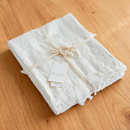 Simple&Opulence 100% Linen Throw Blanket 55x75 inches, Farmhouse Boho Tassel Blanket for Couch, Bed, Sofa, Breathable Natural Cozy Décor, White ﻿