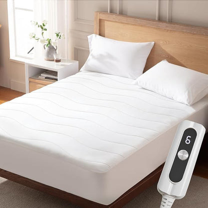 Heated Mattress Pad Twin, Quilted Electric Mattress Pad Bed Warmer with Single Controller, 6 Heat Settings 10-Hour Auto Off, 17 Inch Deep Pocket, Machine Washable, White