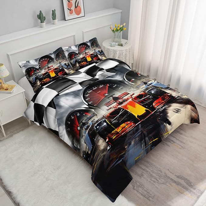 Racing Theme Comforter Set Racing car Extreme Sports Competition Quilt Sets with 1 Comforter and 2 Pillowcases for Kids Boys Bedroom All Season（Race Car-2 Twin）