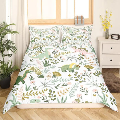 Castle Fairy Cute Dino Kids Duvet Cover Set Full Size,Kawaii Pink Green Dinosaur Comforter Cover with 2 Pillowcases,Cartoon Wildlife Floral Leaves Plant Breathable Bedspread for Boys Teens