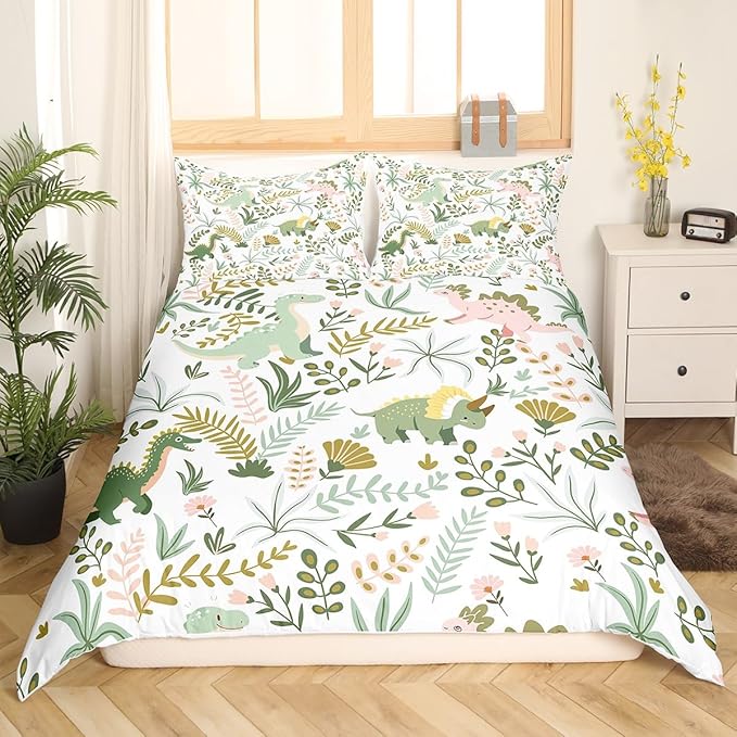 Cute Dino Kids Bedding Set King Size for Teens,Kawaii Pink Green Dinosaur Comforter Cover with 2 Pillowcases,Cartoon Wildlife Floral Leaves Plant Duvet Cover Set Microfiber Quilt Cover