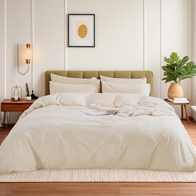 NEXHOME PRO Cotton Duvet Cover Oversized Queen 92"x98" Linen Look Textured Organic Natural 100% Washed Cotton Duvet Cover 3 Pieces Bedding Set Zipper Closure, Breathable (No Comforter)