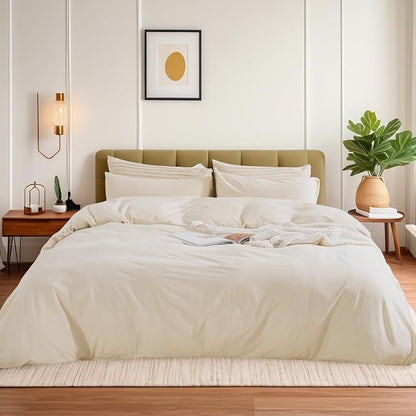 NEXHOME PRO 100% Washed Cotton Duvet Cover Super King 108"x98" Linen Look Textured Organic Natural 3 Pieces Bedding Set with Zipper Closure, Breathable (No Comforter)