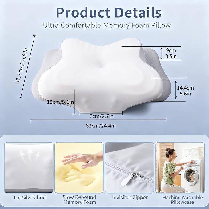 Cervical Neck Pillow for Neck Pain Relief, Memory Foam Pillow for Sleeping, Firm Support Two Heights Side Sleeper Pillow