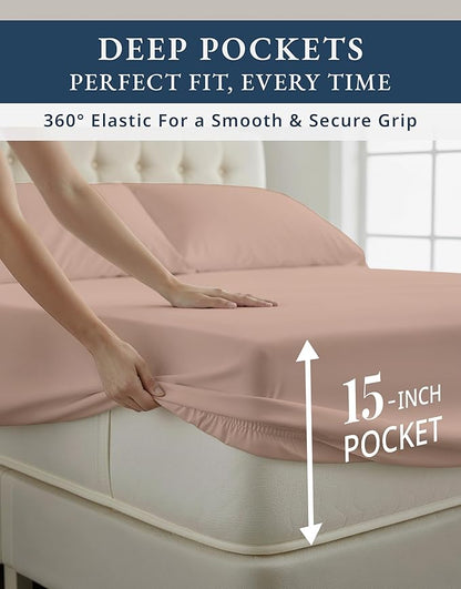 100% Egyptian Cotton King Bed Sheets – Silky Sateen Weave for All Season Comfort, 15" Deep Pocket King Sheets Set, OEKO-TEX Certified, Machine Washable, Soft Durable Hotel Comfort at Home - Sepia Rose
