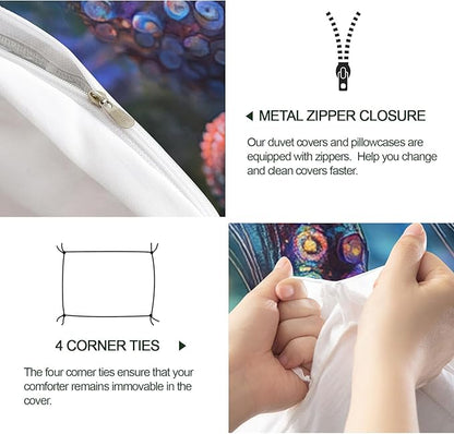 3D Octopus Duvet Cover Twin Ocean Colorful Octopus Bedding Set 2 Piece for Kids Bedroom Marine Animal Patterned Comforter Cover with Zipper Ties & 1 Pillowcases